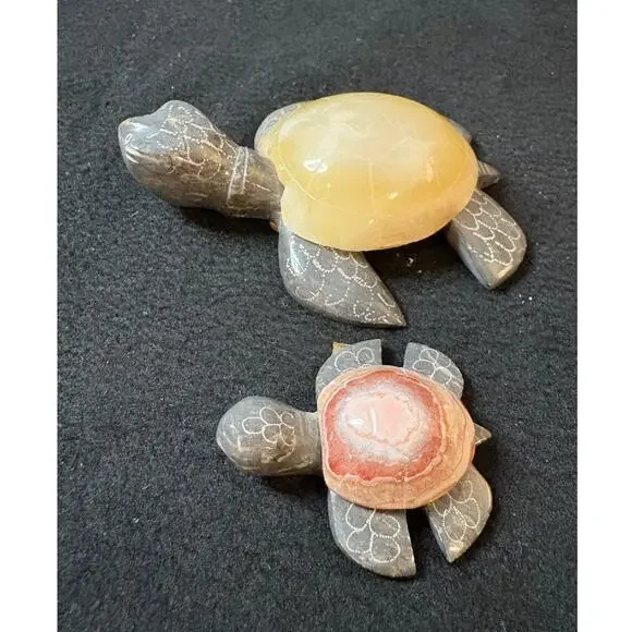 Two Hand Carved Agate/Jasper Turtles - 4" & 2" - Excellent - Picture 2 of 4